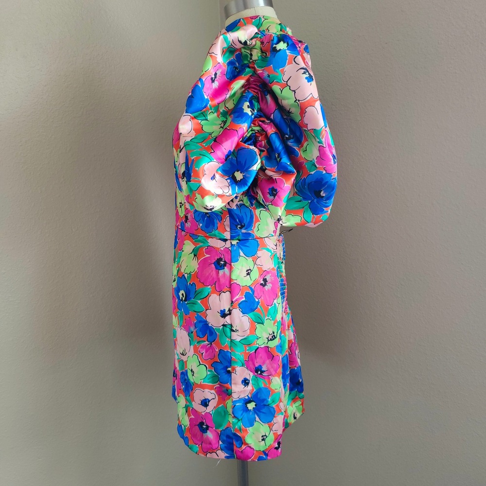 ROTATE Birger Christensen Floral Satin Puff Sleeve Mini Dress Open Back US 10 - Picture 3 of 16